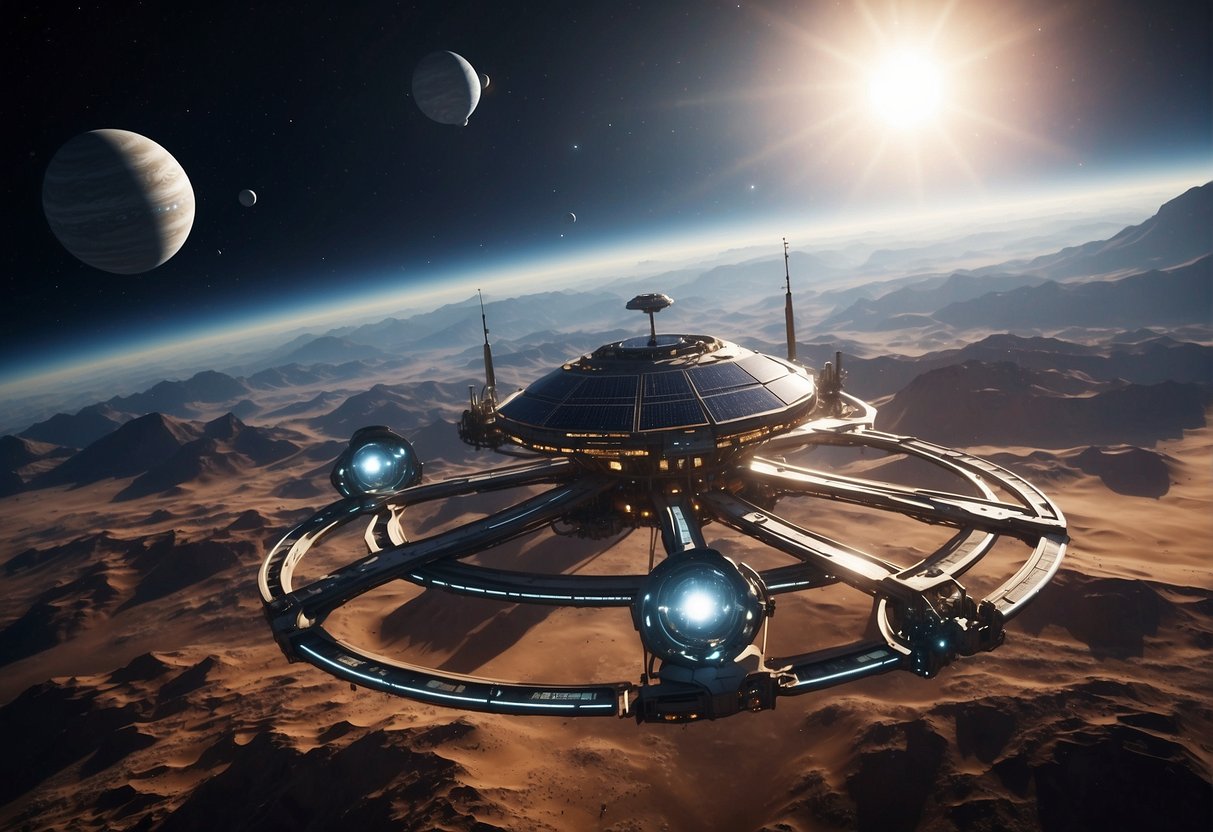 A futuristic space station orbits a distant planet, surrounded by mining drones and cargo ships. A network of solar panels and communication arrays stretch out into the cosmos