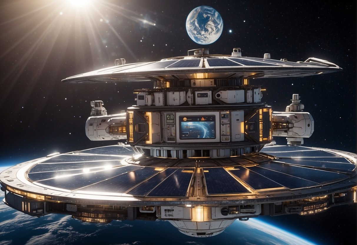A futuristic space station with solar panels, recycling systems, and strict regulations. A UK flag is prominently displayed, signifying their contributions to deep space exploration