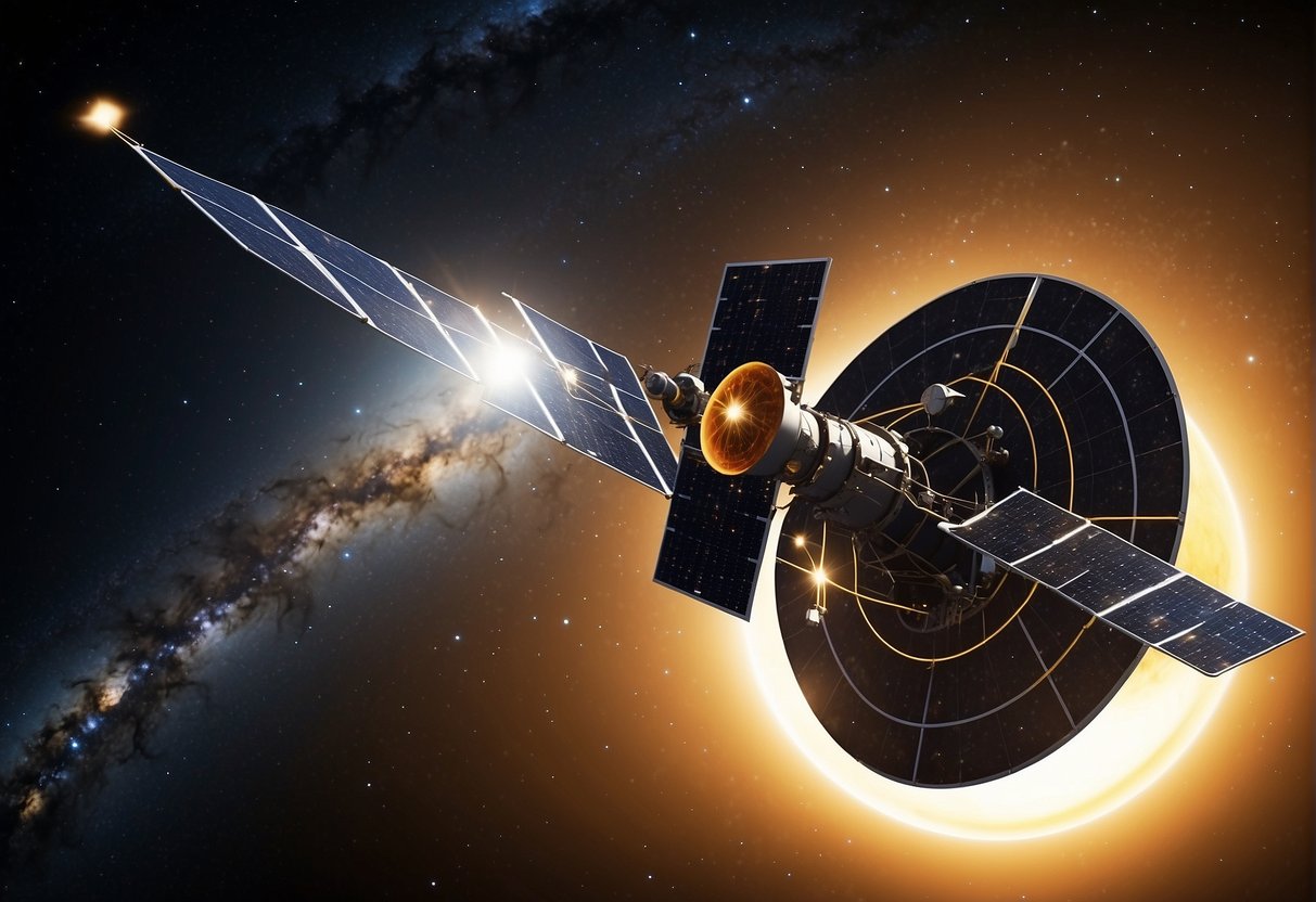 A satellite orbits Earth, detecting solar flares and geomagnetic storms. Scientists analyze data to forecast space weather and protect technology