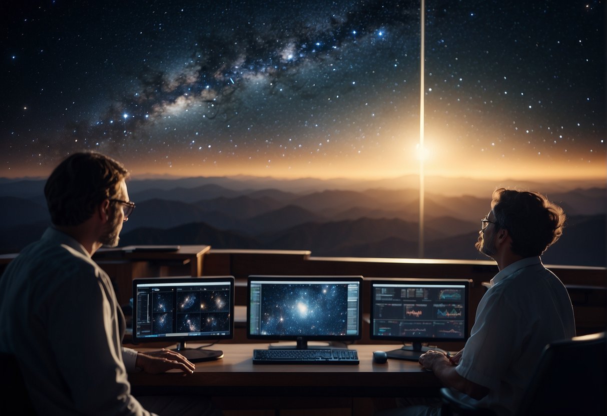 A telescope points towards a starry sky, while a group of scientists analyze data on computer screens in a dimly lit observatory