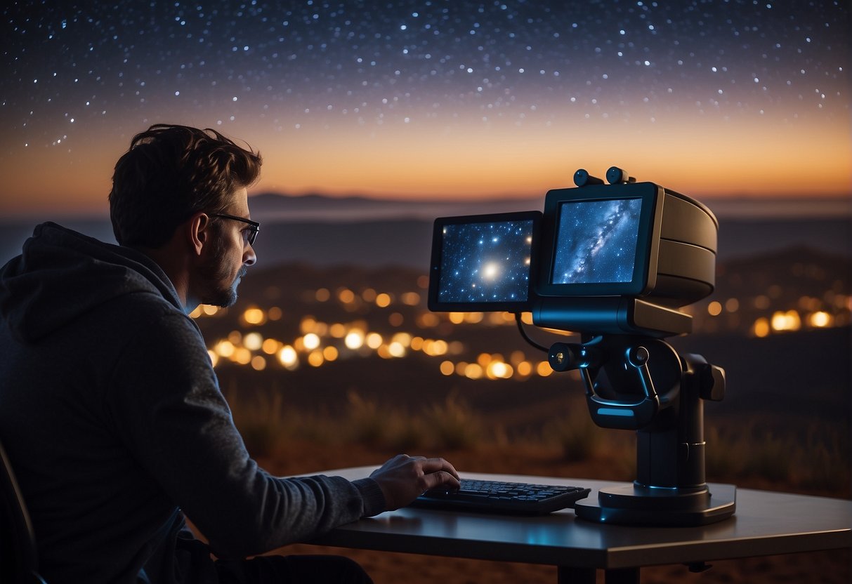 A telescope points towards the night sky, capturing the glow of distant stars. A group of scientists huddle around computer screens, analyzing data from exoplanet atmospheres