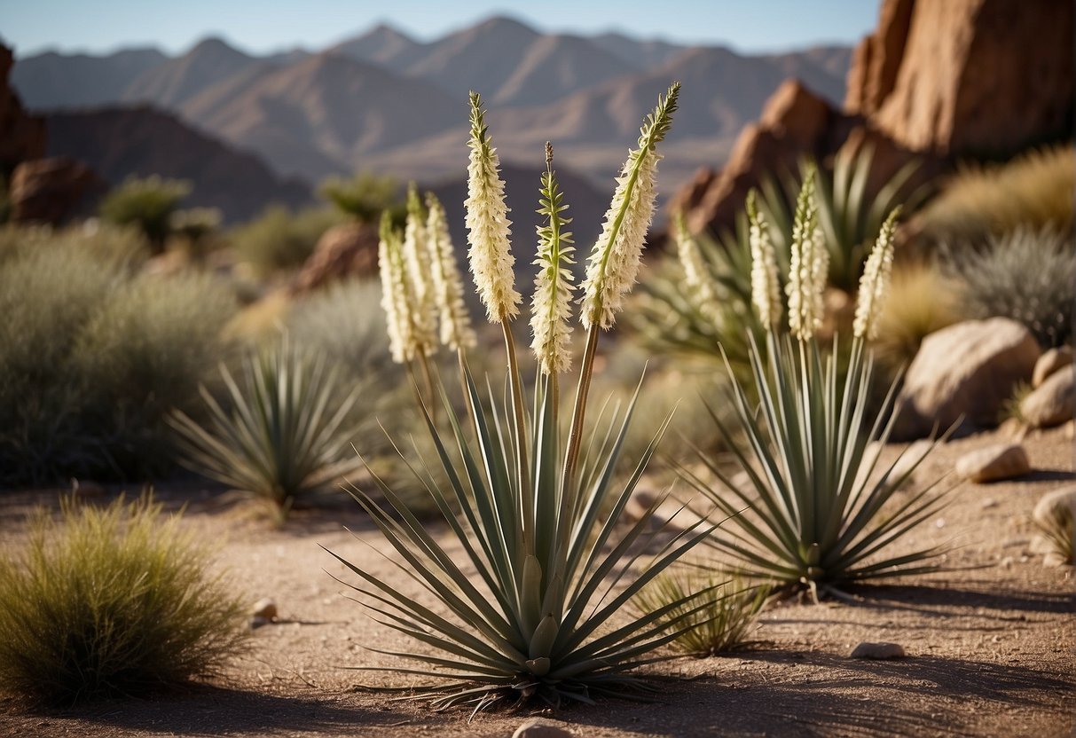 Tall yucca plants stand in a landscaped area, surrounded by rocks and other desert plants