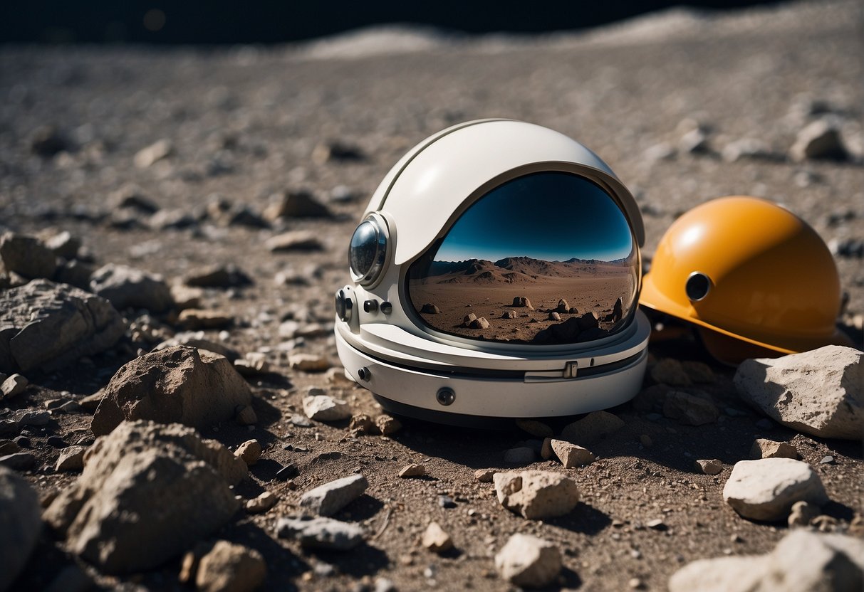 Space Archaeology: An astronaut's helmet lies abandoned on the lunar surface, surrounded by discarded equipment and remnants of past space missions