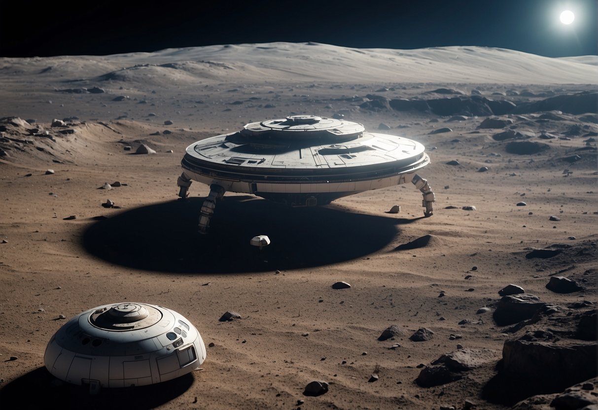 A spacecraft hovers over an ancient, abandoned lunar base, with robotic drones scanning the surface for artifacts