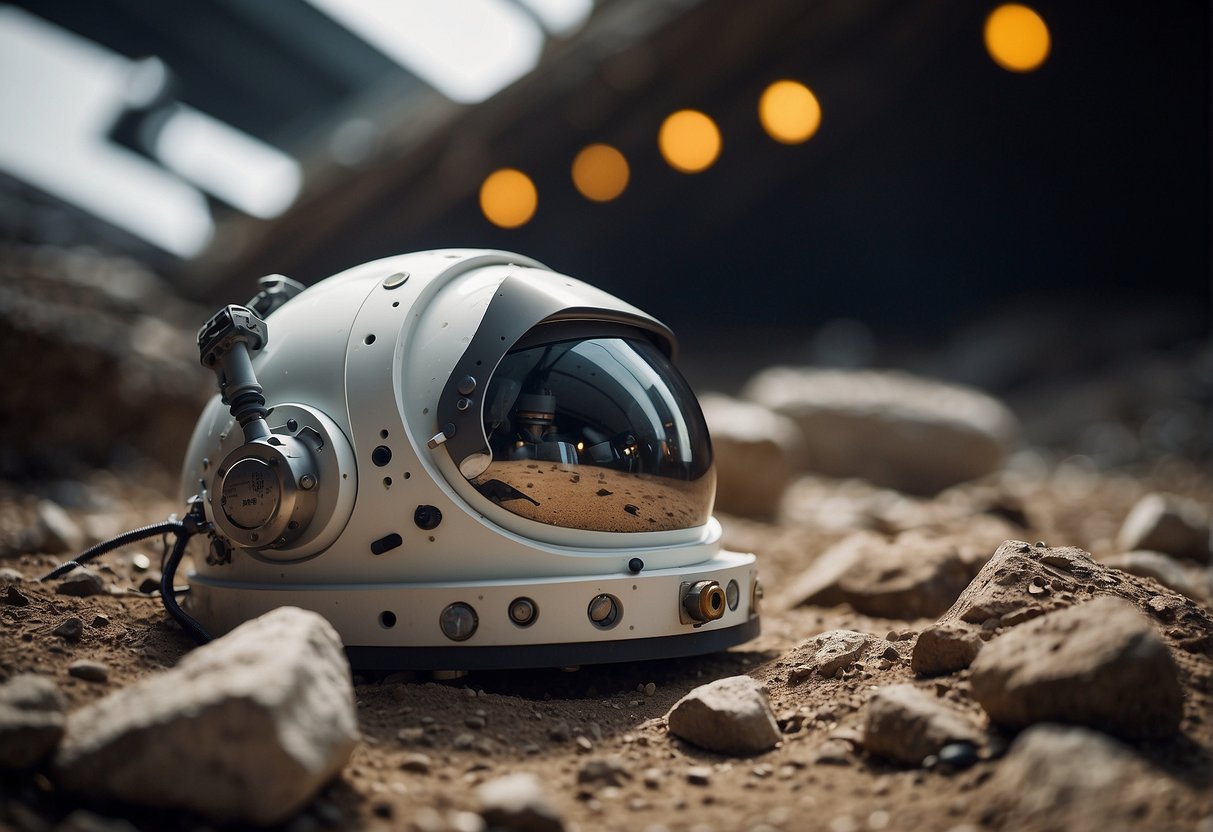 An astronaut's helmet lies abandoned among ancient space debris, as a robotic rover carefully scans the lunar surface for remnants of human spaceflight