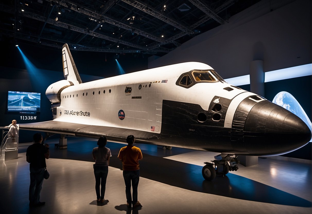 A space shuttle rests on a platform, surrounded by artifacts and interactive displays. Visitors engage with the exhibits, while a holographic projection showcases the history of human spaceflight