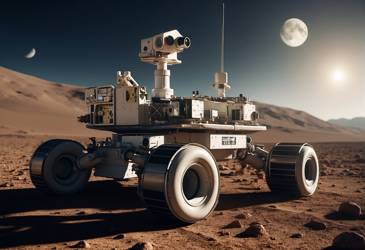 A lunar rover explores a desolate, cratered landscape, uncovering remnants of past human space missions. The rover's robotic arm delicately retrieves a piece of space debris, while the Earth looms large in the sky above