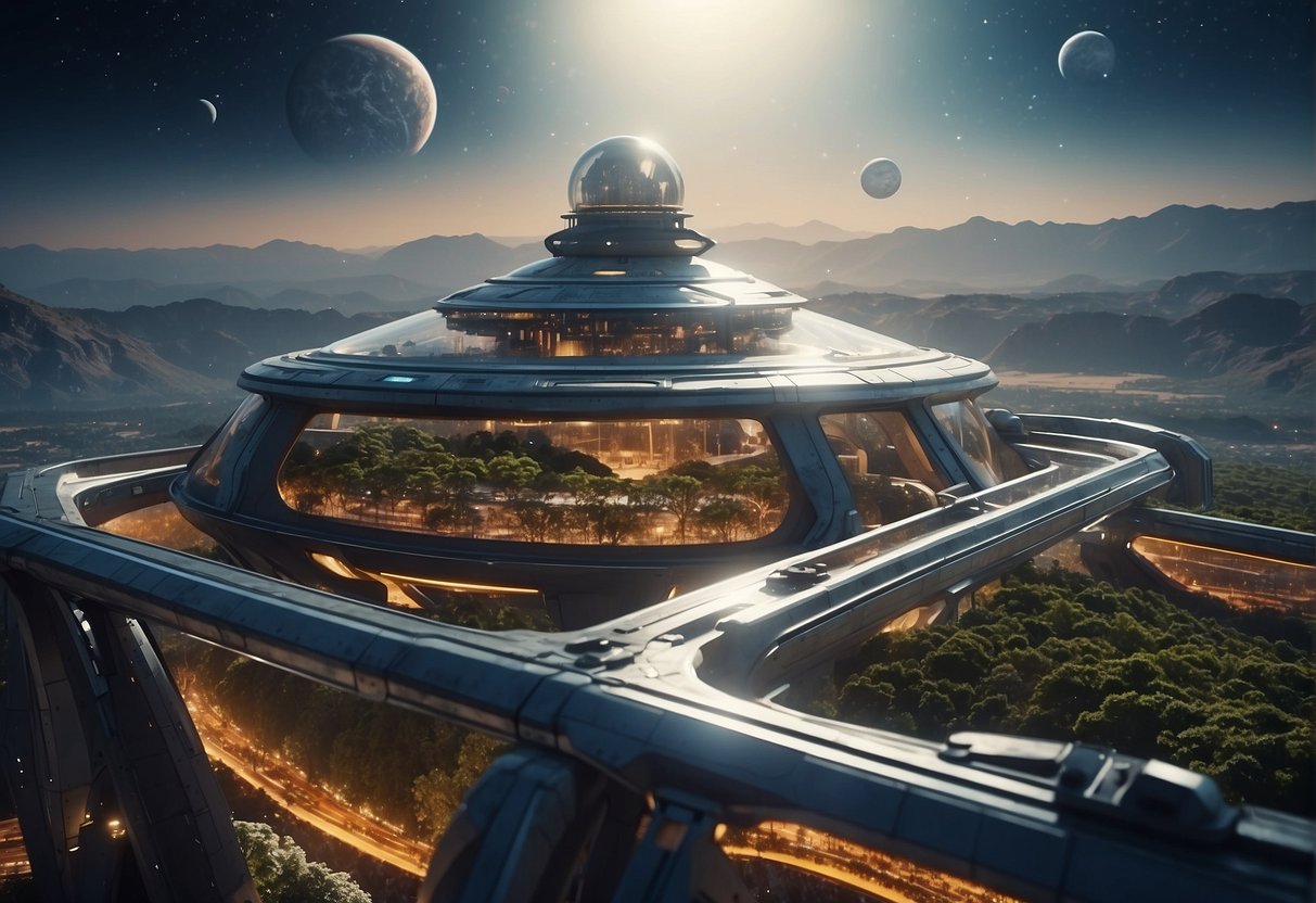 The Ethics of Space Colonisation: A futuristic space colony with sustainable habitats, advanced technology, and bustling activity, set against the backdrop of a distant planet or asteroid