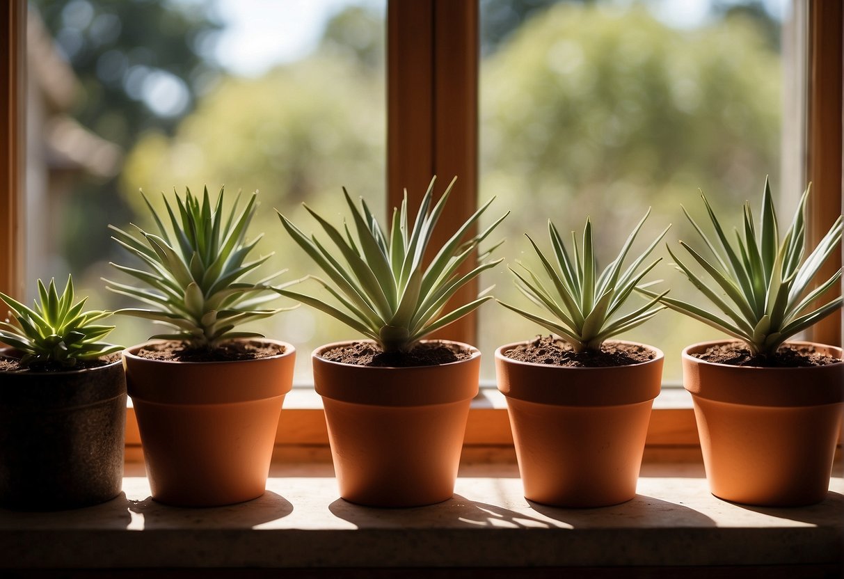 Lush yucca plants in terra cotta pots, bathed in soft sunlight near a window. A watering can sits nearby, hinting at the care they receive