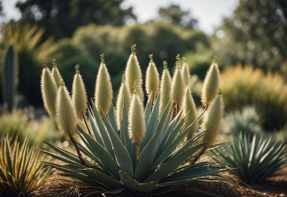 Yucca plants arranged in a landscaped garden with varying heights and clusters