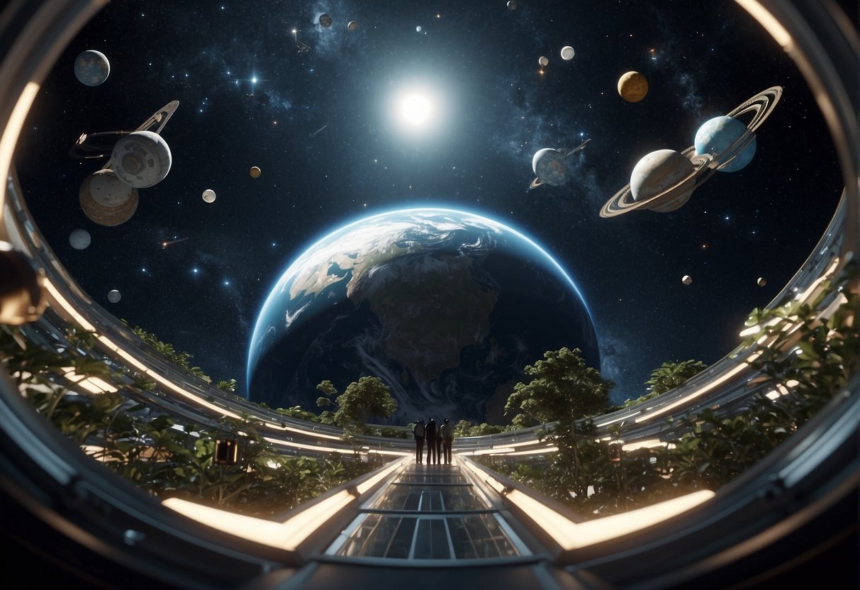 A group of space colonies orbiting Earth, with a network of legal and policy frameworks connecting them. The scene depicts a modern perspective on the ethics of space colonization