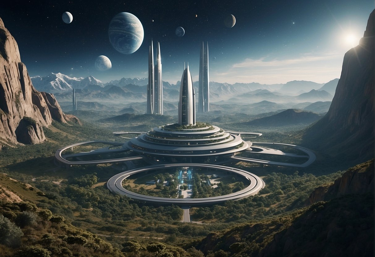 A futuristic space colony with advanced technology and sustainable infrastructure, surrounded by a vast and awe-inspiring cosmic landscape