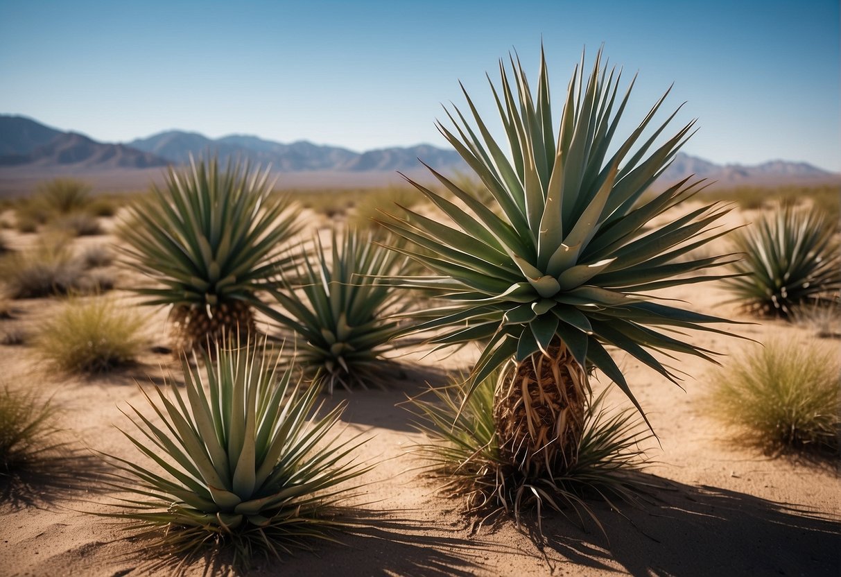 Yucca plants thrive in the desert with their long, sturdy stems, waxy skin, and deep root systems. They store water in their thick leaves and have tough, pointed tips to deter animals