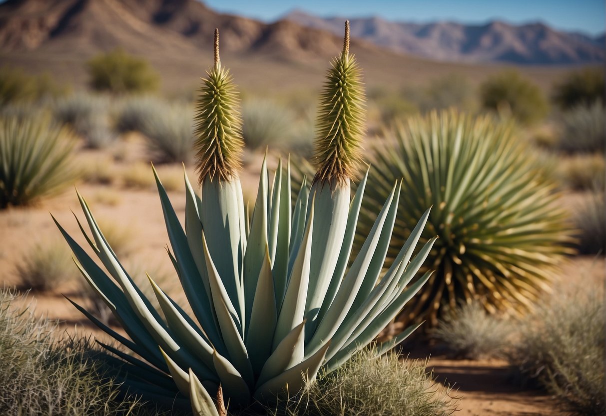 Yucca plants thrive in the desert, with their long, sword-shaped leaves and tall, branching stalks. They are surrounded by other desert flora, such as cacti and scrub brush, showcasing the diversity of plant life in this harsh environment