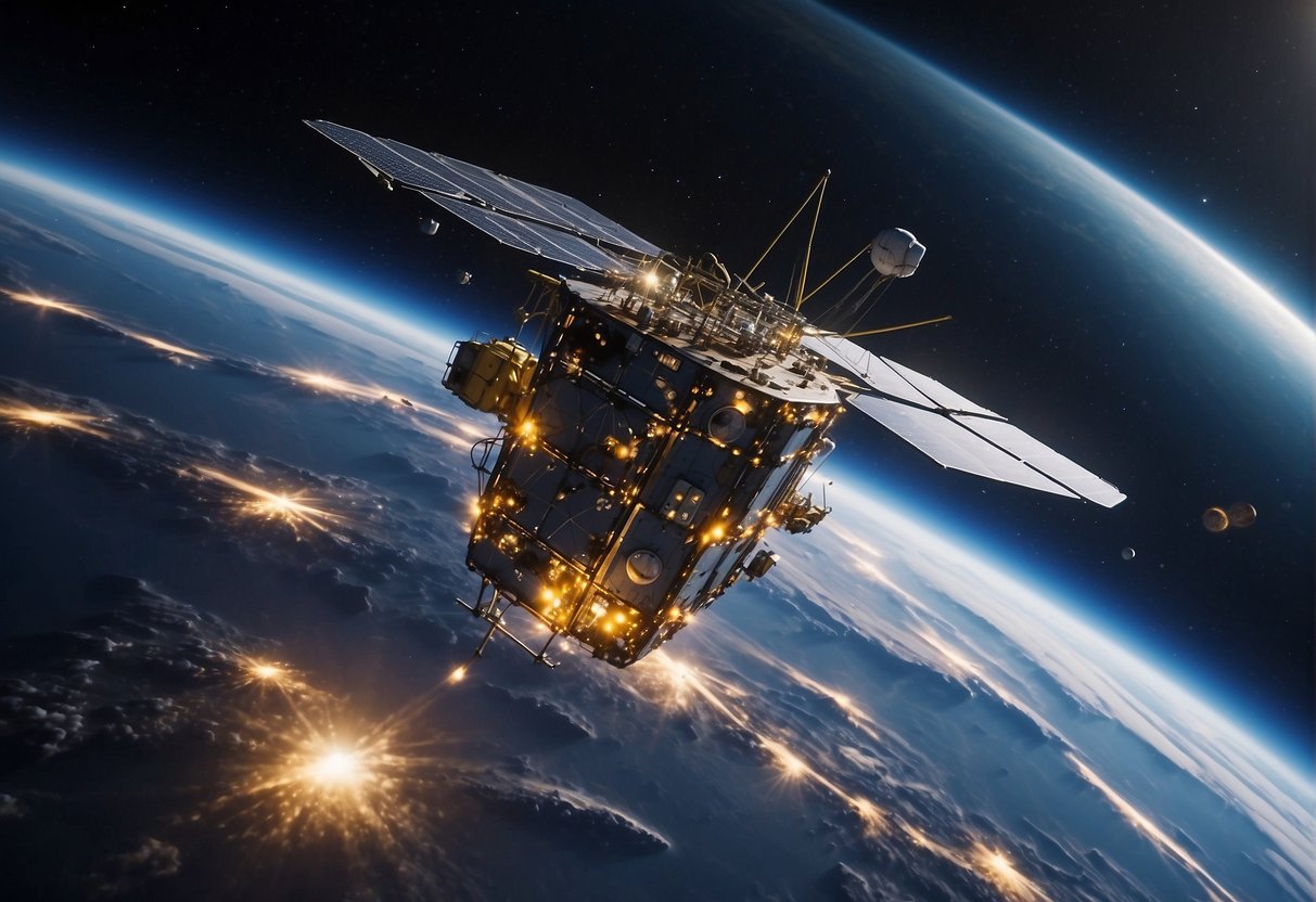 Space Defence and Security: A satellite network orbits above the UK, monitoring for potential threats and providing real-time data for defense and security operations