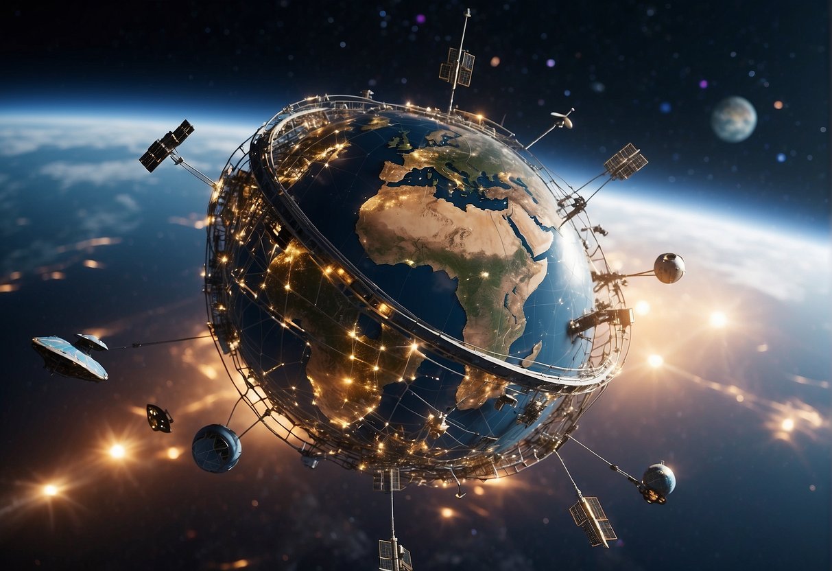 The scene depicts a satellite orbiting Earth, surrounded by a network of communication and defense systems, symbolizing the UK's strategy for space defense and security