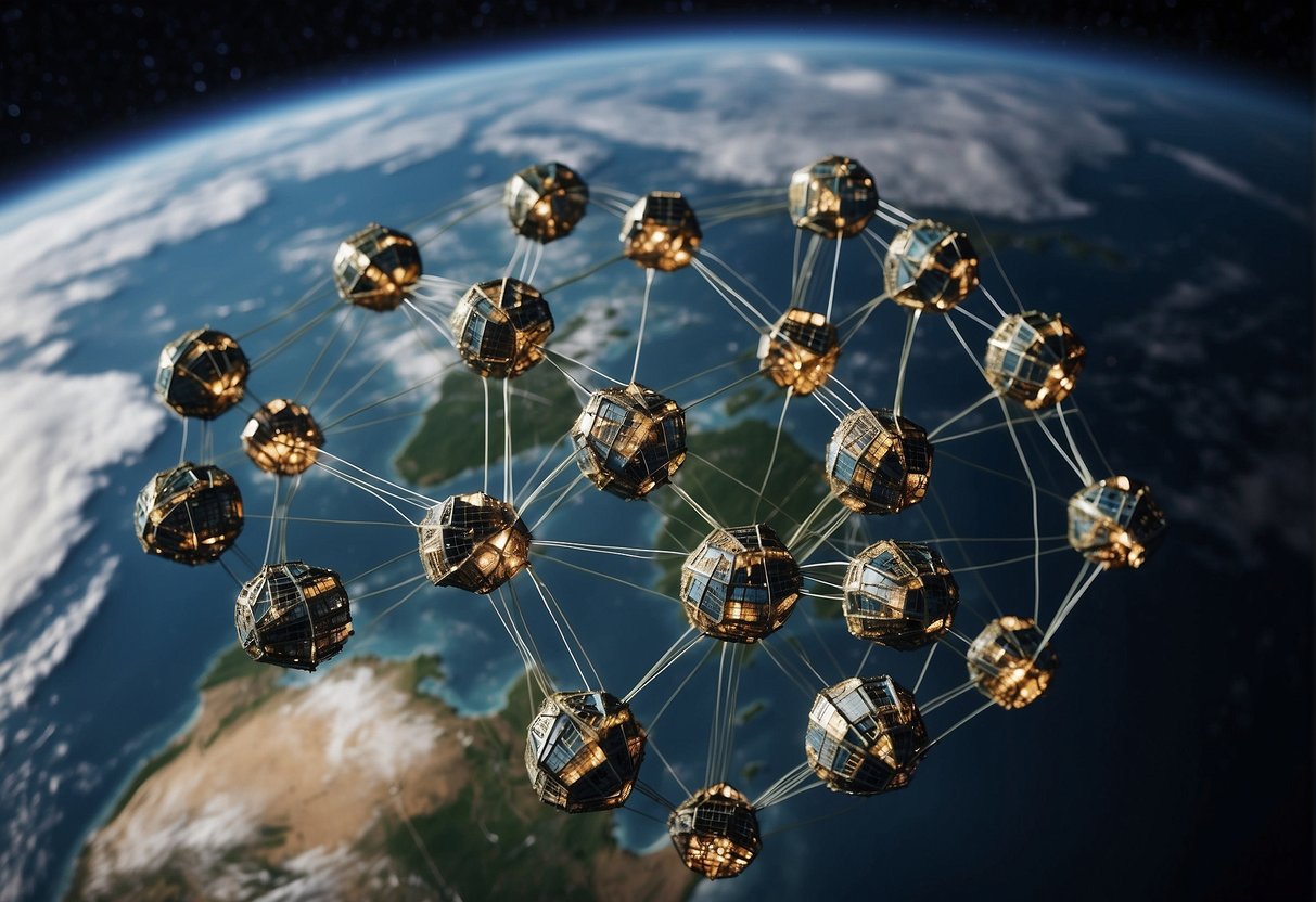 A network of satellites orbiting Earth, scanning for potential threats and monitoring space activity for the UK's defense and security strategy