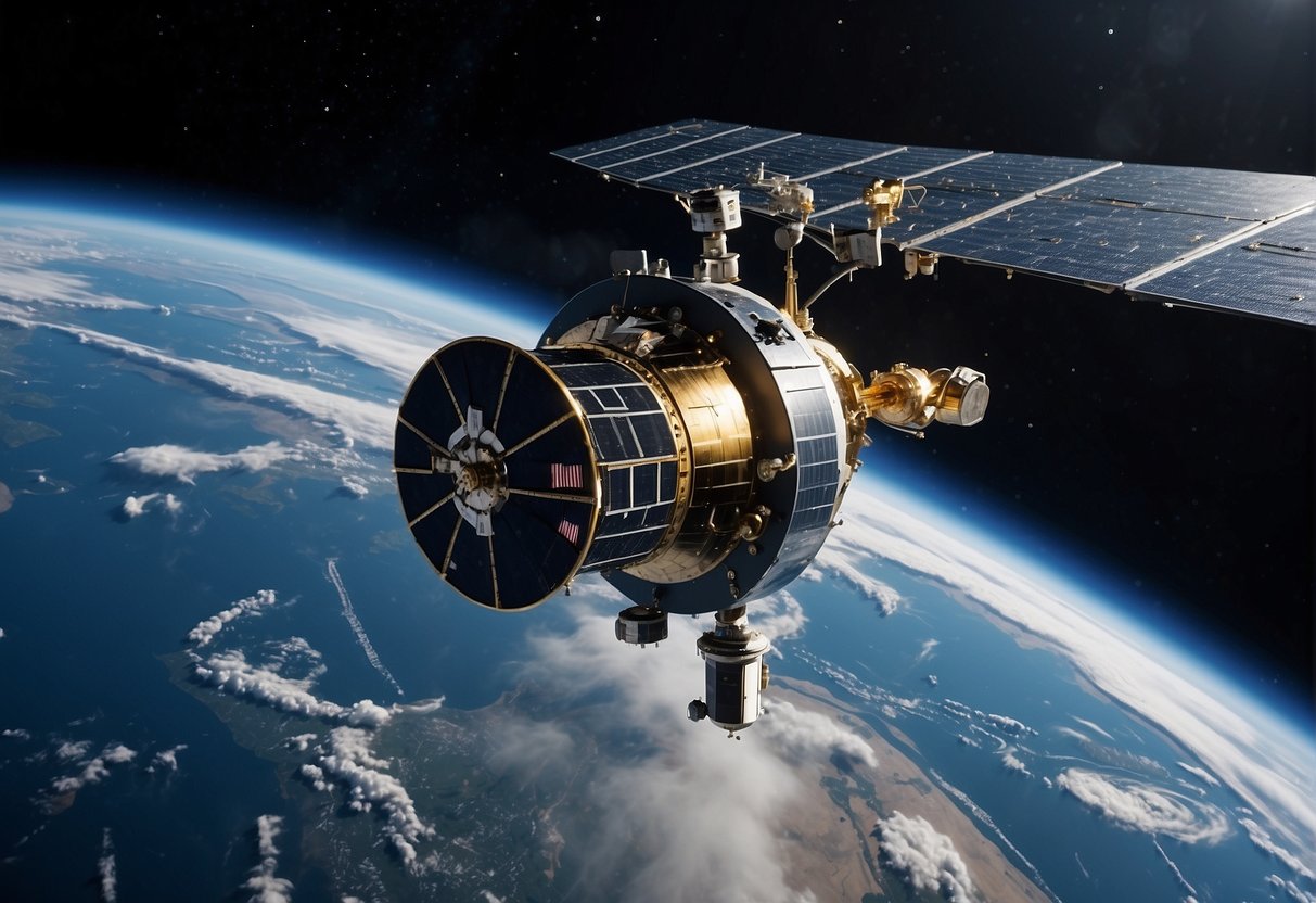 A satellite orbiting Earth, equipped with advanced defense and security technology, showcasing the UK's strategy for space protection