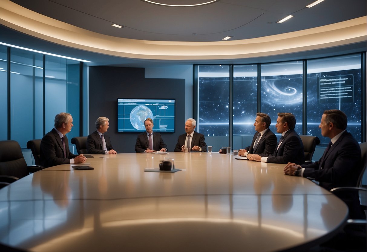 The scene depicts a meeting room with officials discussing policy, budget, and resource allocation for the UK's space defence and security strategy