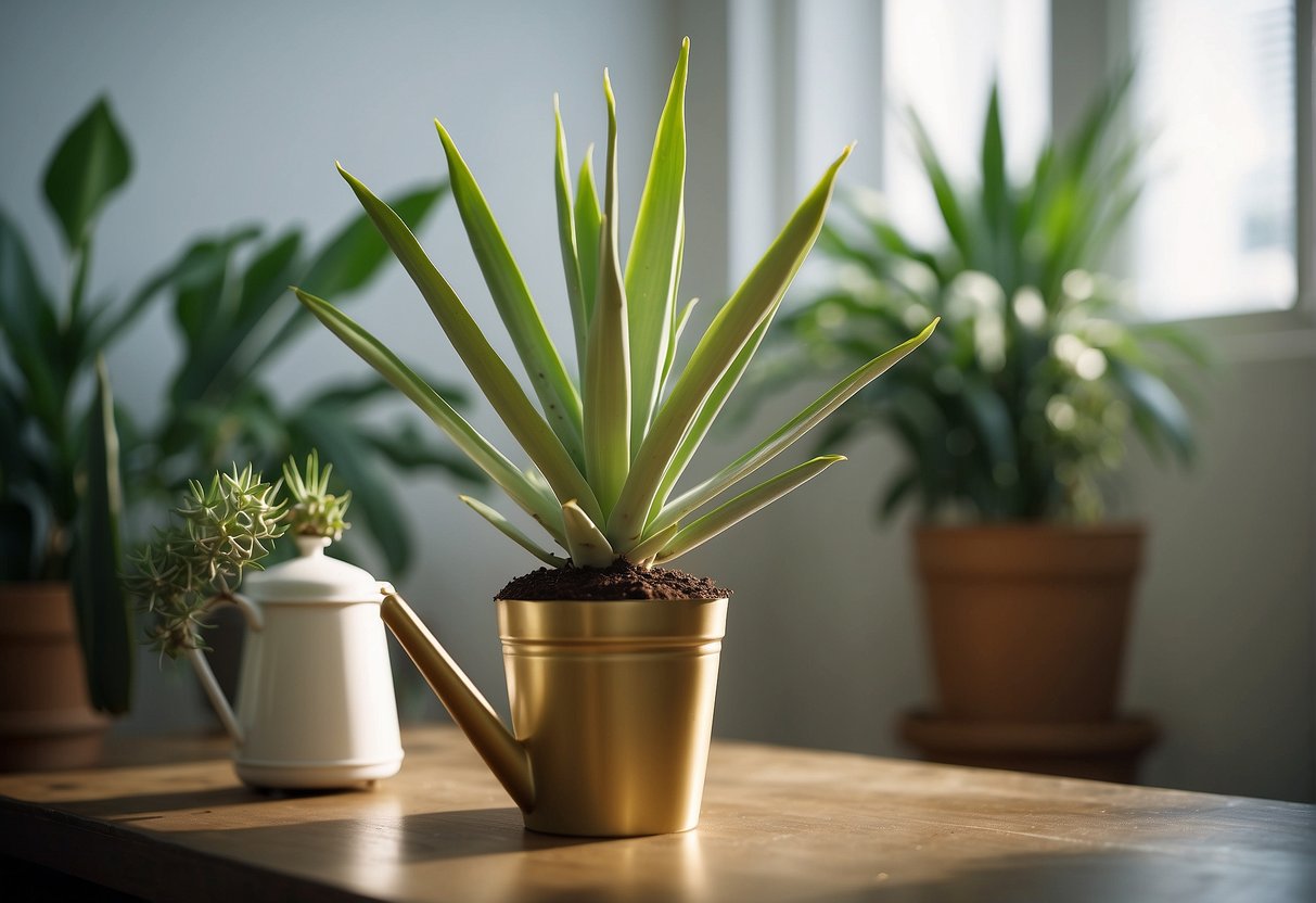 A yucca plant sits in a bright room, its soil dry to the touch. A watering can hovers above, ready to provide the plant with the moisture it needs