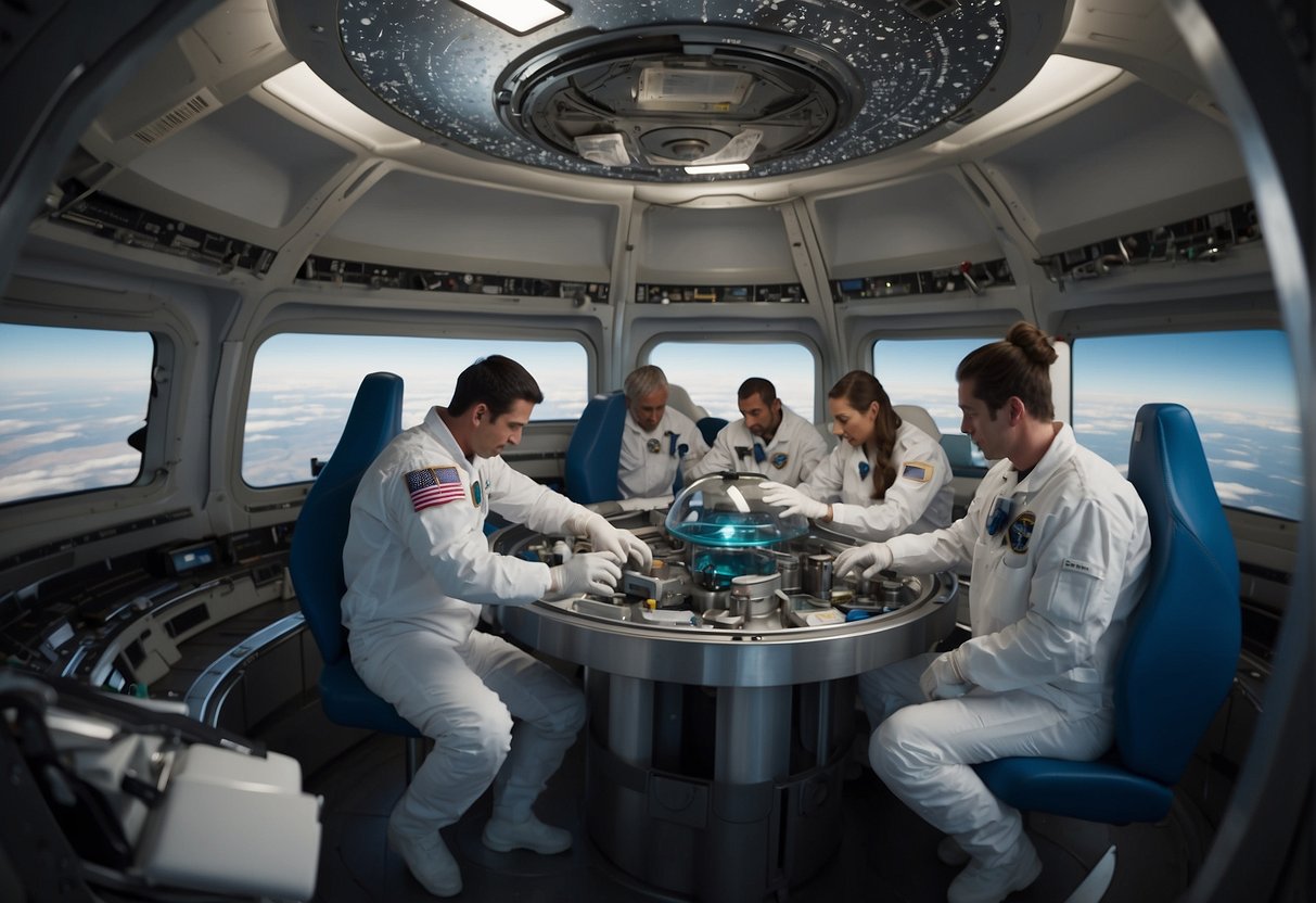 A space station crew sorts and processes recyclable materials in a zero-gravity environment, using specialized equipment to create a sustainable space habitat