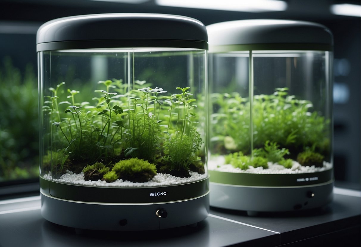 Plants and algae thrive inside a closed-loop system, providing oxygen and recycling waste in a space habitat