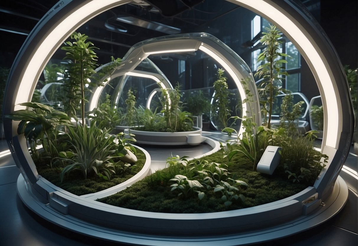 A space habitat with closed-loop recycling systems and plants growing in a circular pattern, demonstrating sustainable practices