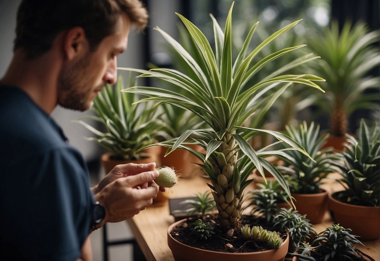 A person carefully chooses a healthy yucca plant from a selection of indoor plants, while reading a care guide for yucca plants