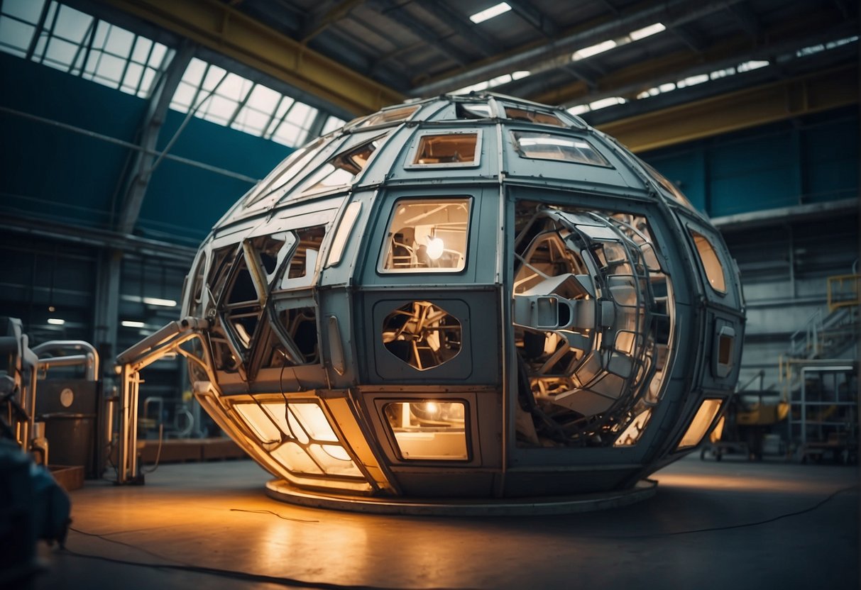 A space habitat module being constructed using upcycled materials, with a focus on sustainable manufacturing and recycling processes