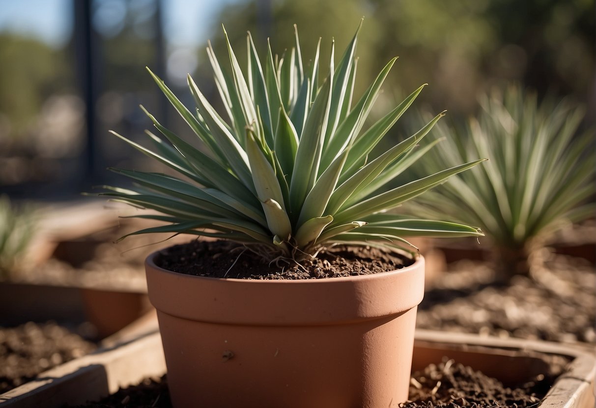 Yucca plant being carefully removed from its pot, roots gently separated, and placed into a larger container with fresh soil