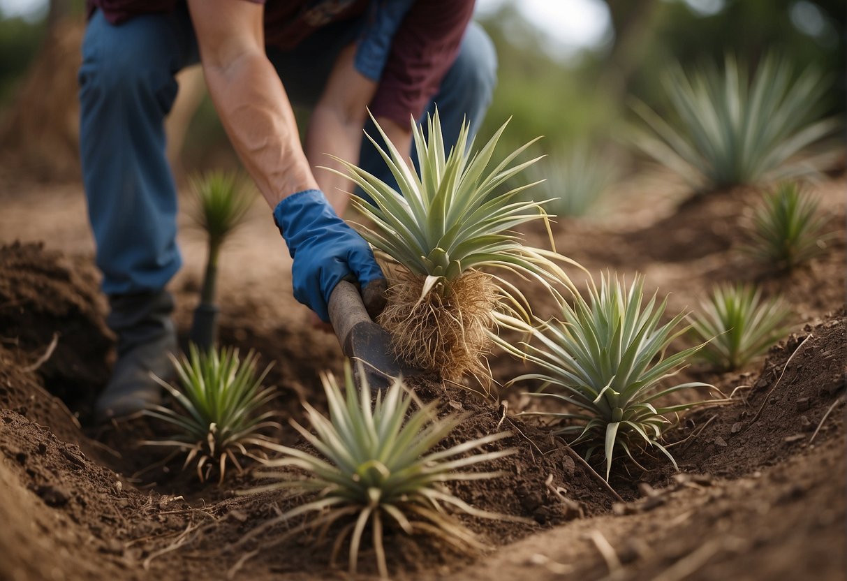 Yucca plants being uprooted with shovel and gloves, roots visible