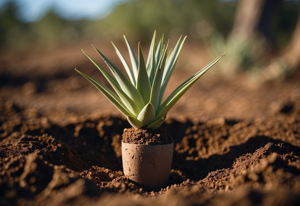 A shovel digs into soil, creating a hole. A yucca plant is placed inside, and the soil is gently packed around it