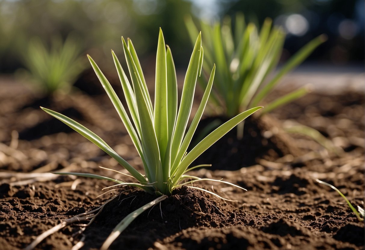 Yucca plants being planted in well-drained soil, with roots spread out and watered thoroughly. Mulch is added to retain moisture and suppress weeds