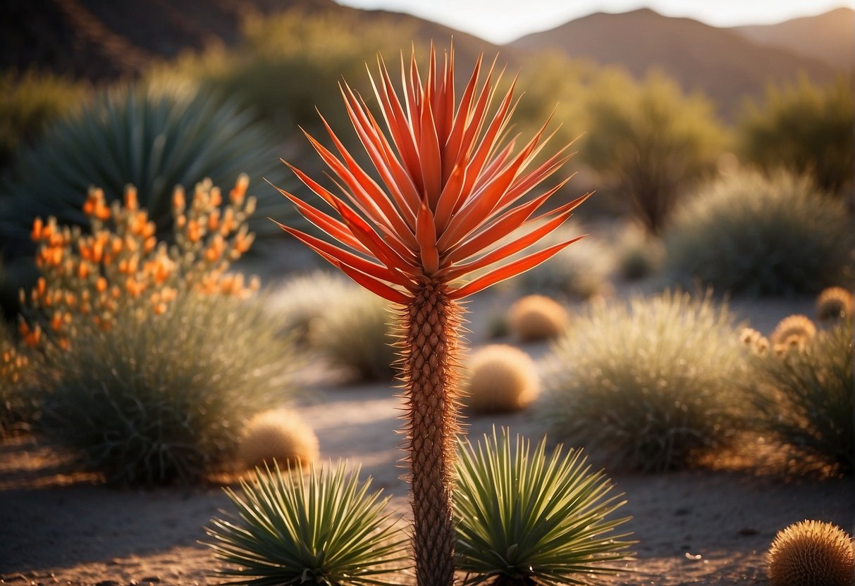 A vibrant red yucca plant stands tall in a garden, surrounded by other desert flora. The sun shines down, casting a warm glow on the unique foliage
