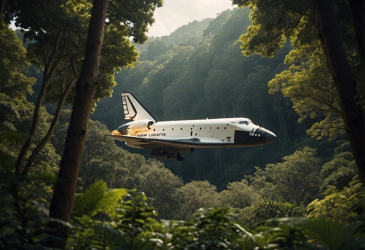 A space shuttle hovers above a lush forest, as astronauts release a group of endangered animals into their natural habitat