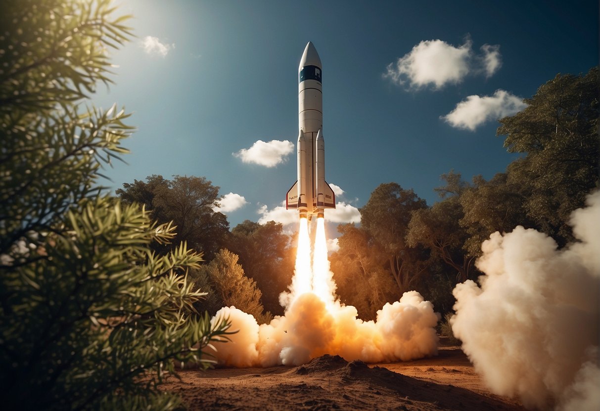 A rocket launches into space, while below, diverse wildlife roam freely in a protected conservation area
