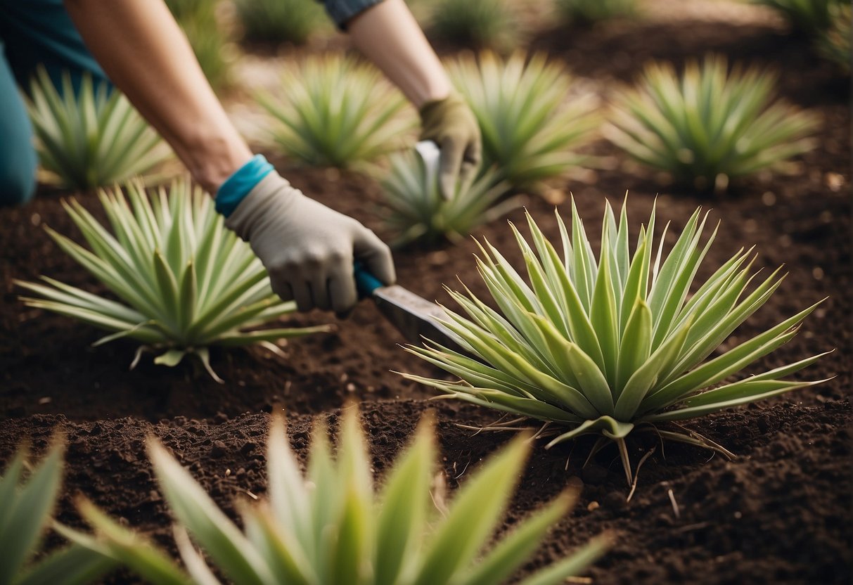 Yucca plants being cut and dug out of soil with gardening tools
