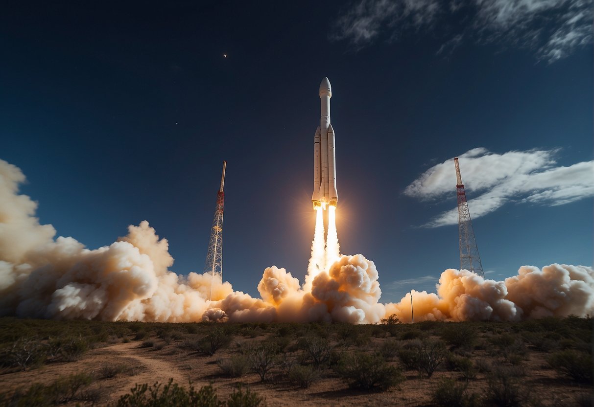 A rocket launches into space, while below, wildlife roam freely in a protected conservation area. The contrast between the two scenes highlights the interconnectedness of policy, regulation, and governance in space and wildlife conservation