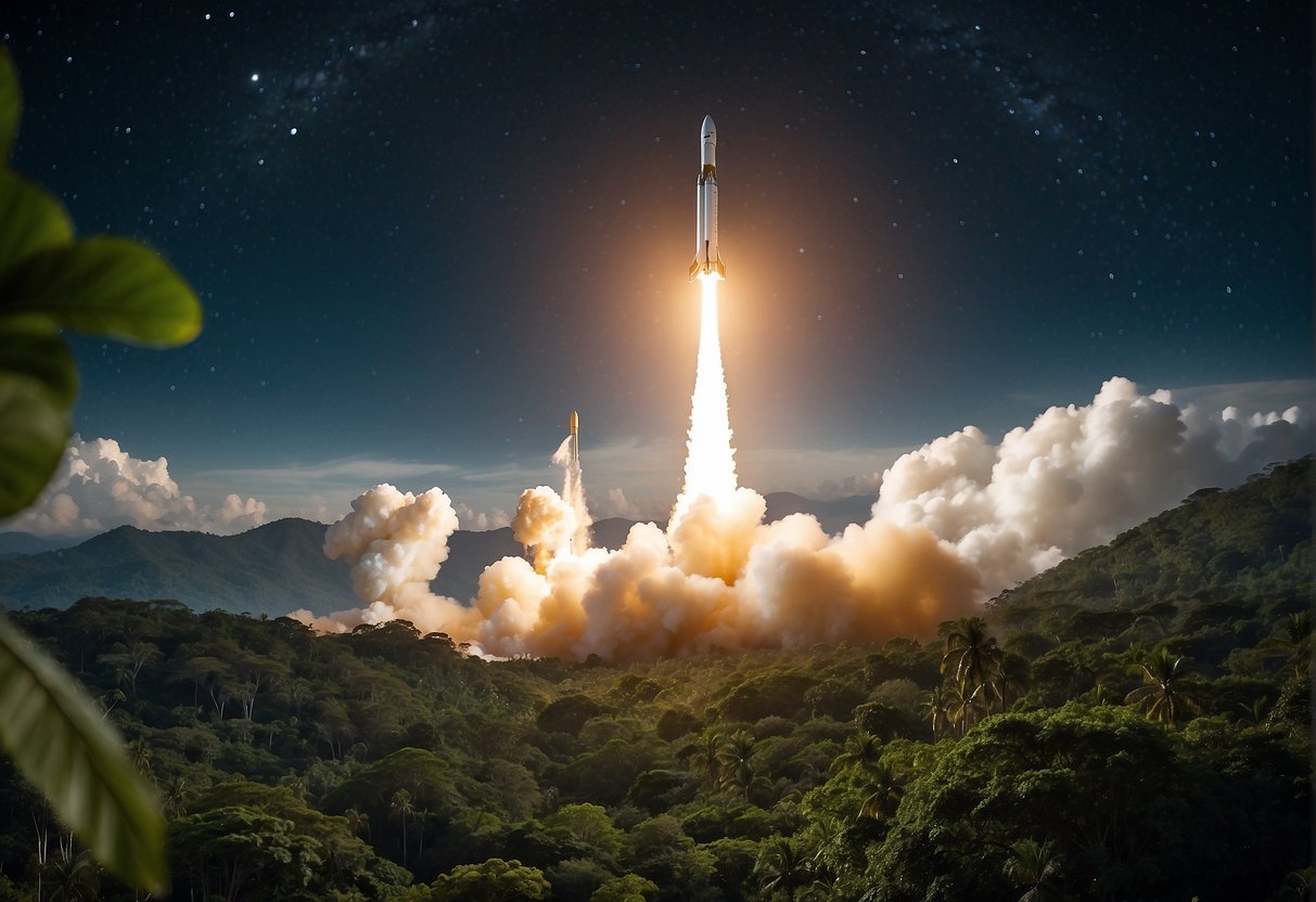 A rocket launches from a lush jungle, symbolizing the integration of space exploration and wildlife conservation. The rocket soars into the starry sky, showcasing the unexpected connection between the two fields