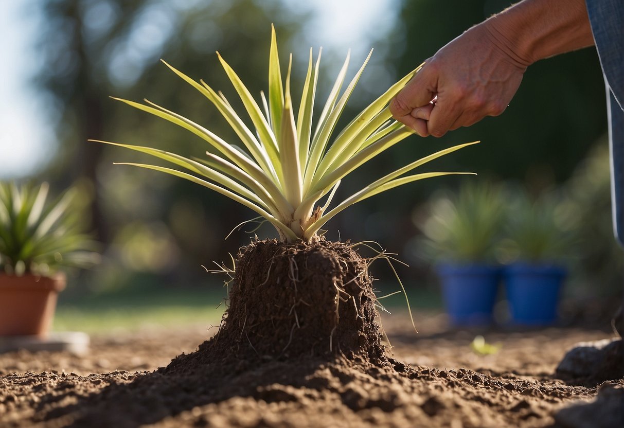 A yucca plant is being carefully lifted from its pot, its roots gently untangled. A new hole is dug in the soil, and the yucca is placed inside, ready to thrive in its new home