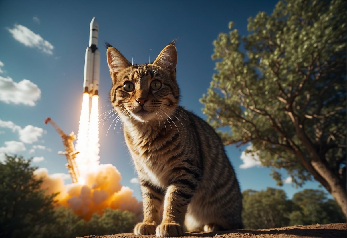 A rocket launches into space, while animals roam freely below, showcasing the unexpected connection between space exploration and wildlife conservation