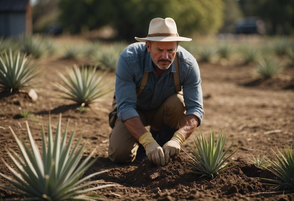 A gardener digs up a yucca plant from the ground and carefully transfers it to a new location with fresh soil