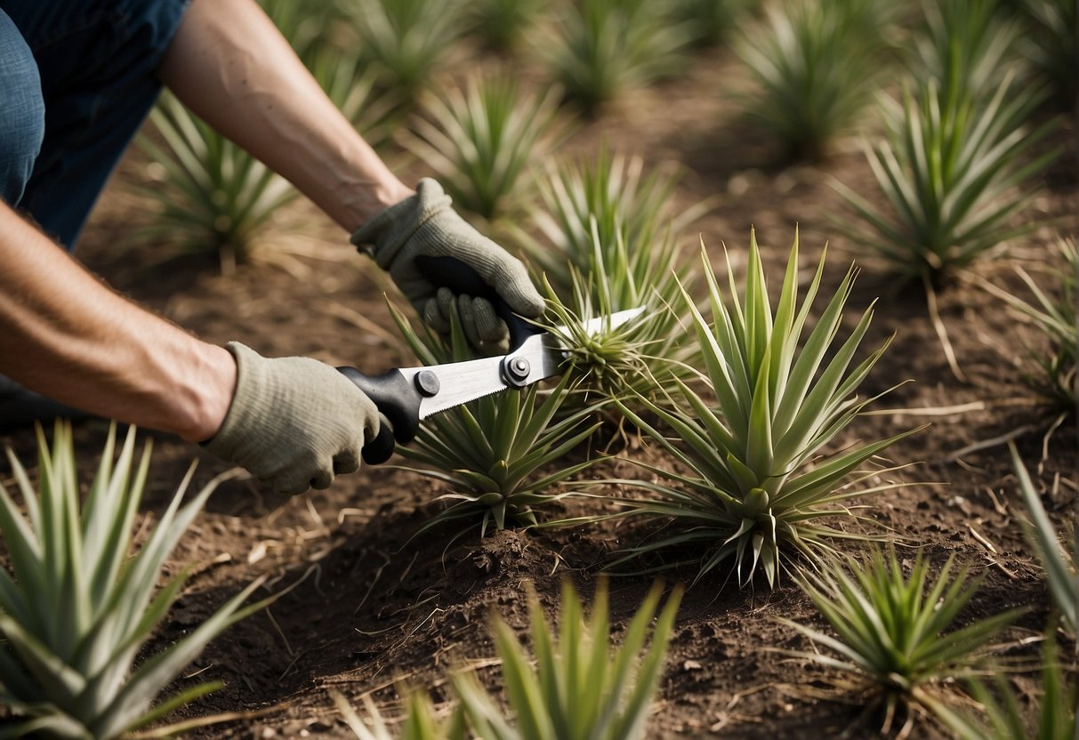 Yucca plants being pruned with sharp garden shears. Cut stems and leaves in a neat and controlled manner