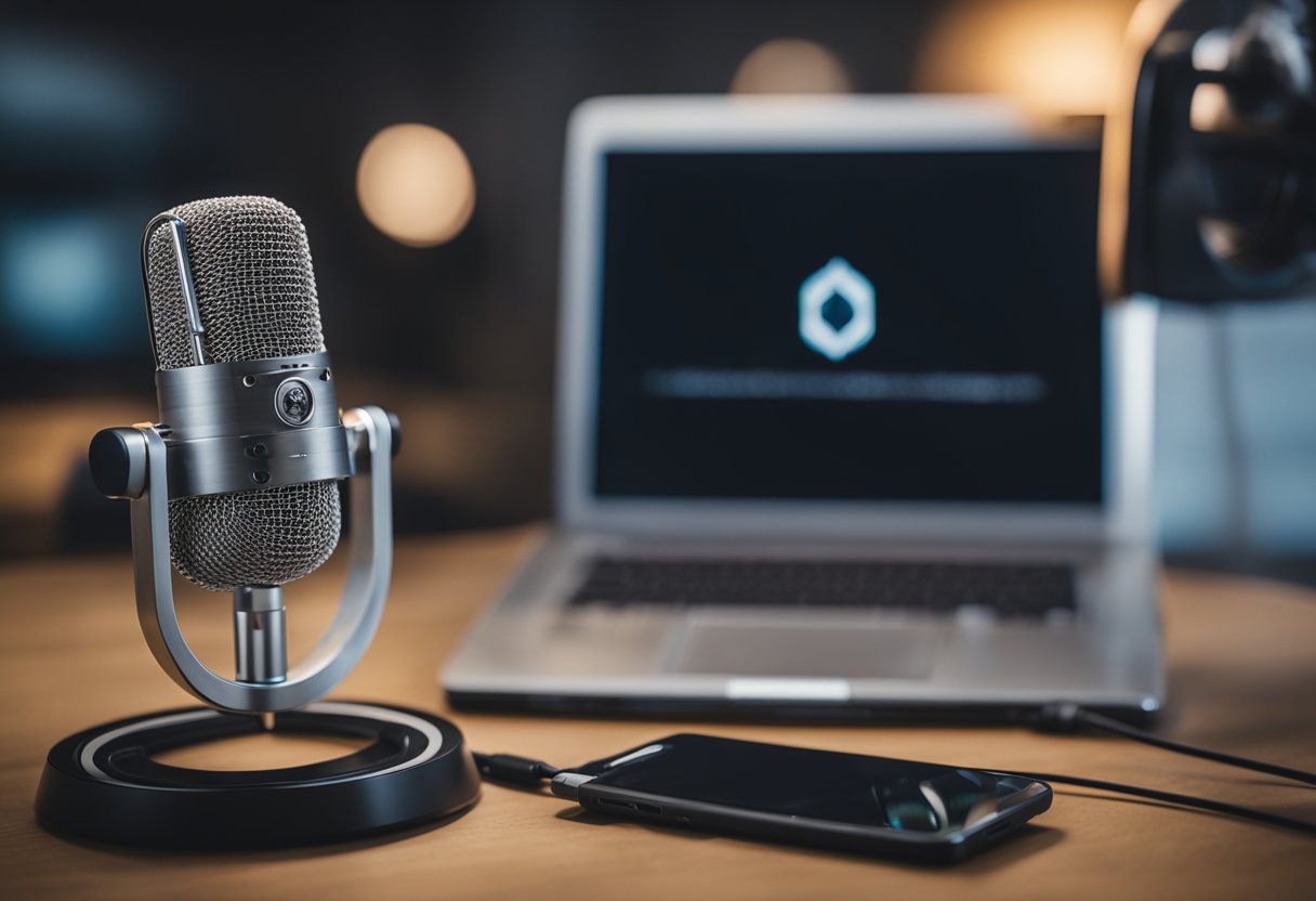 A high-quality microphone sits on a desk, connected to a laptop. A podcast logo is displayed on the screen, while sound waves emanate from the microphone, symbolizing its importance for podcasting