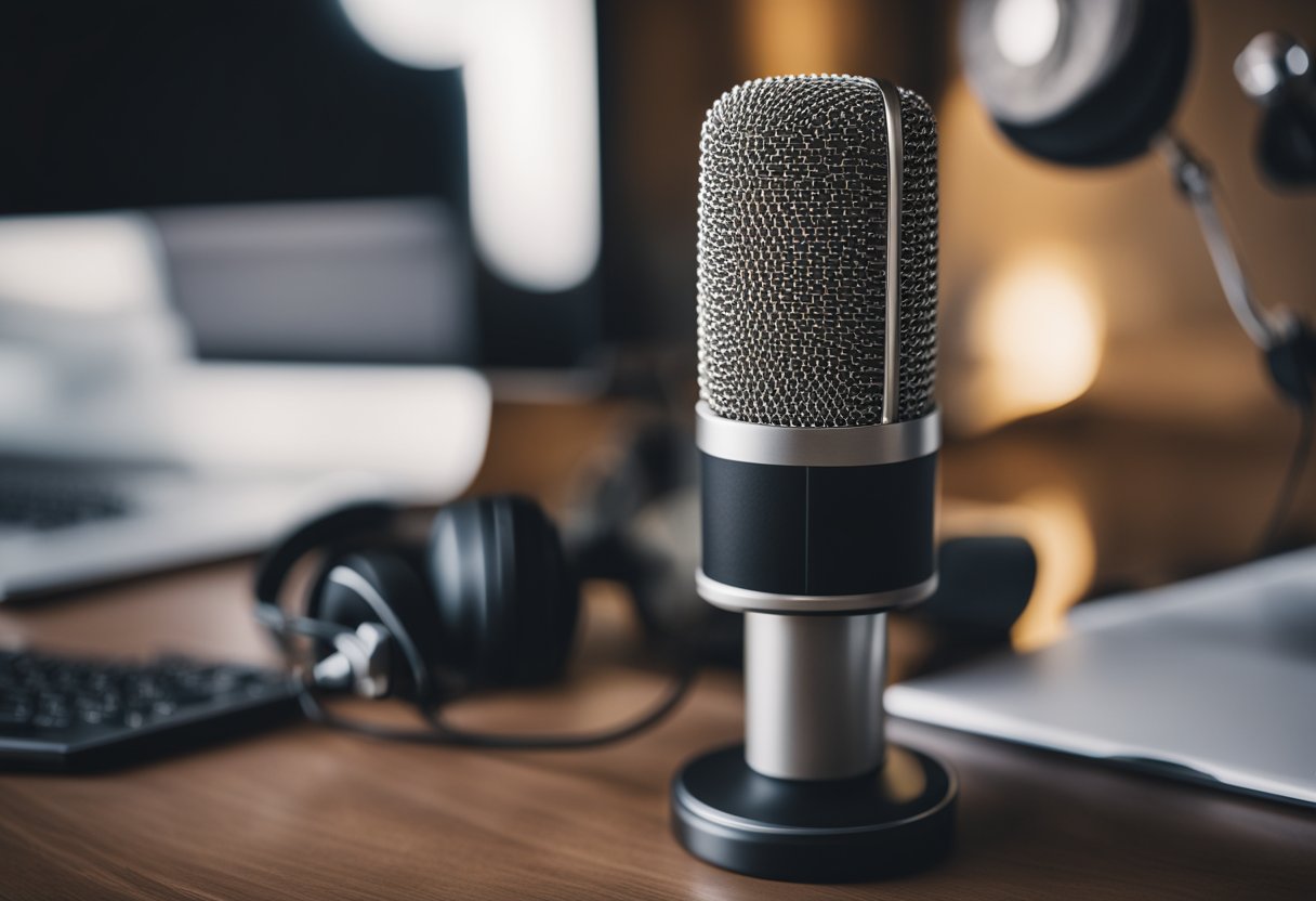 A microphone surrounded by podcasting equipment on a desk