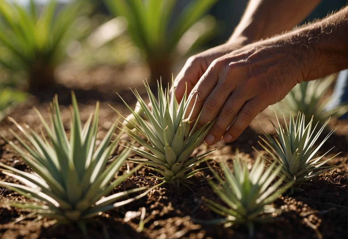 Sunlight filters through the leaves of yucca plants. A gardener digs around the base, carefully separating the roots. The divided plants are then replanted in fresh soil