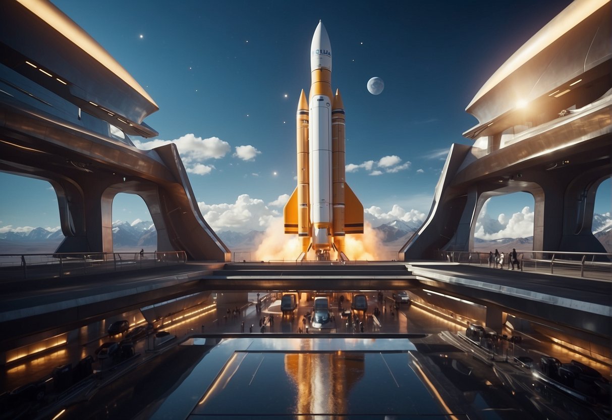 A rocket launches from a futuristic spaceport, surrounded by advanced technology and international flags, showcasing collaboration in space exploration