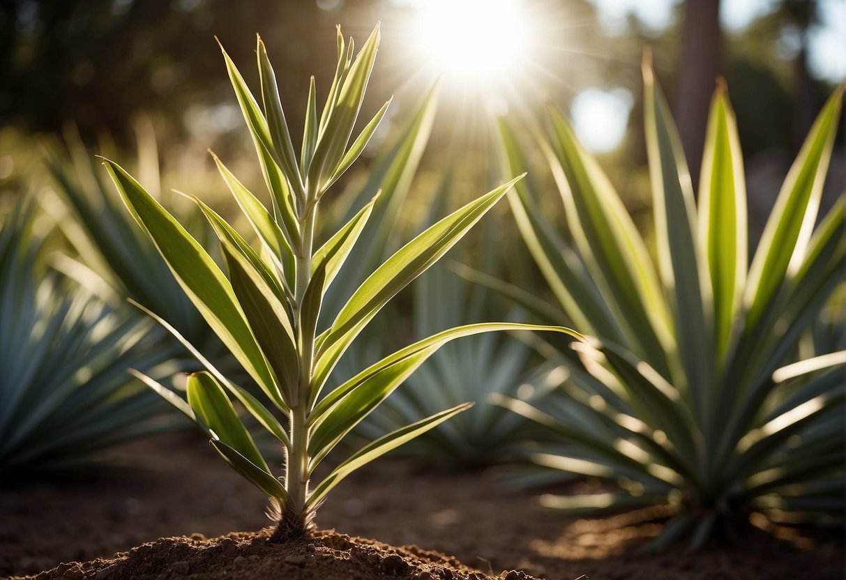 A yucca plant basks in direct sunlight, its long, sword-like leaves reaching towards the sky. The soil is well-drained and the plant is well-maintained