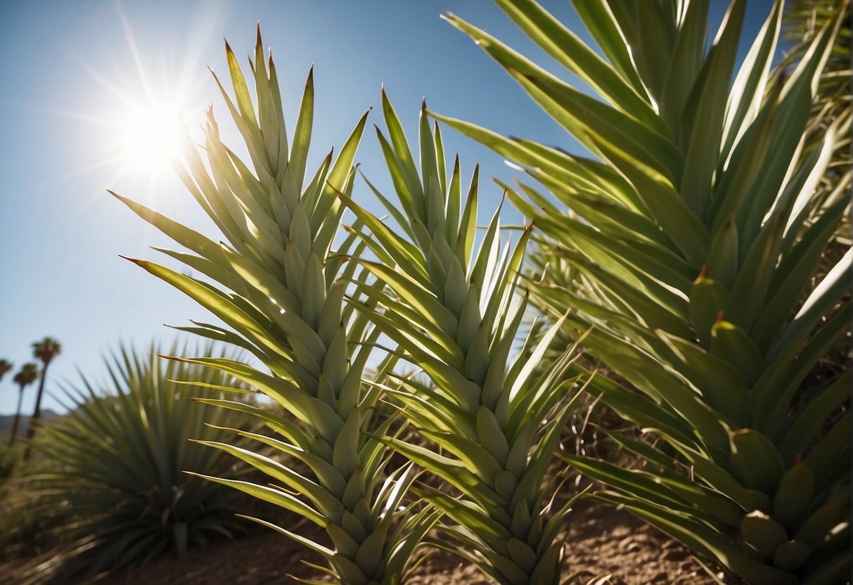 A yucca plant basking in bright sunlight, with its long, sword-like leaves reaching towards the sky. The plant is thriving in its sunny environment, showing no signs of distress or problems
