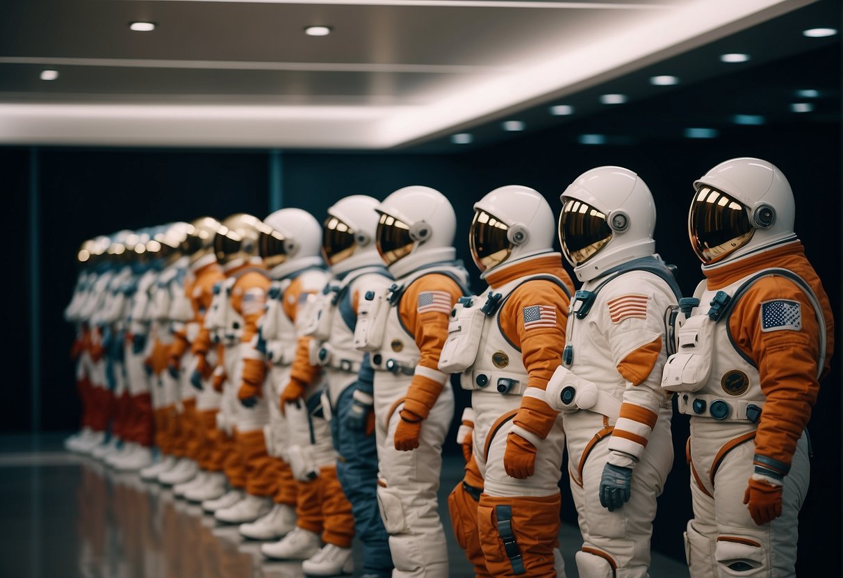 A line of space suits, from Apollo era to modern Mars mission designs, displayed on a sleek, futuristic backdrop